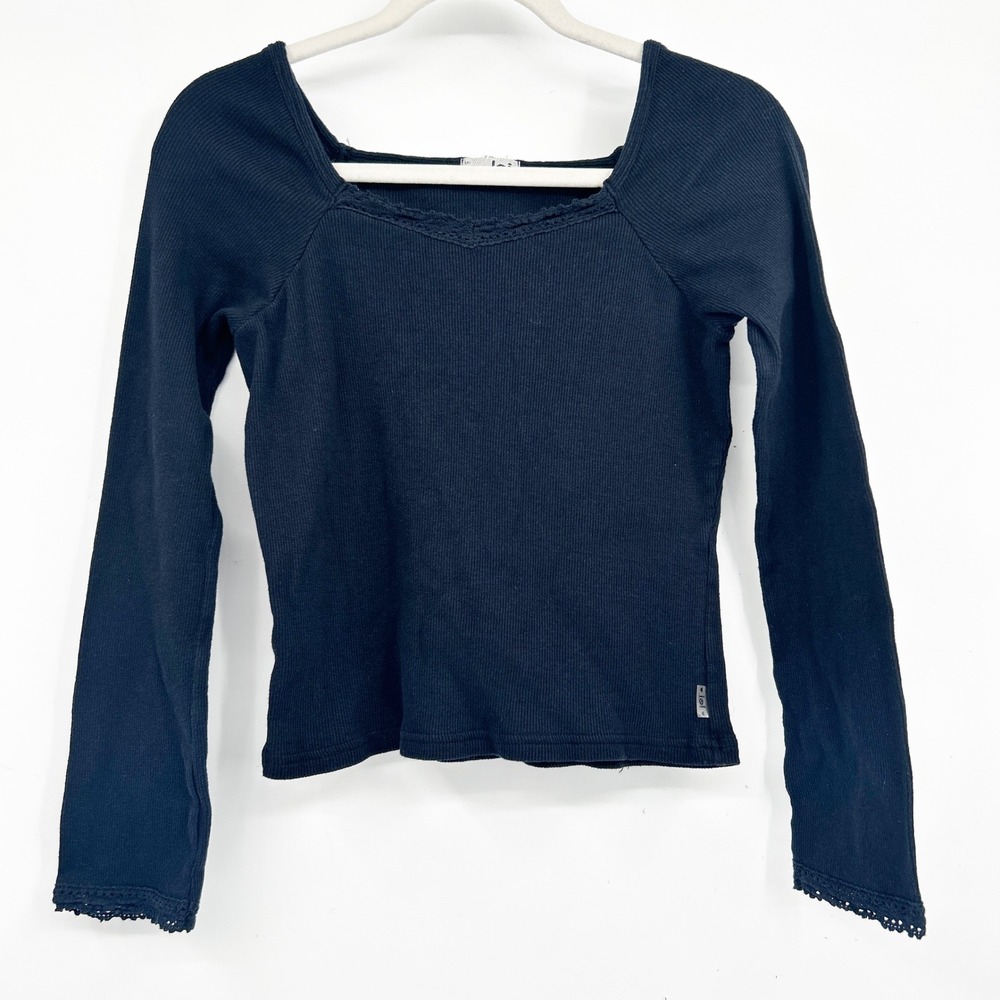 LEI Womens Y2K Bella Swan Elena Gilbert Ribbed Lace Trim Square‎ Neck Top Size L